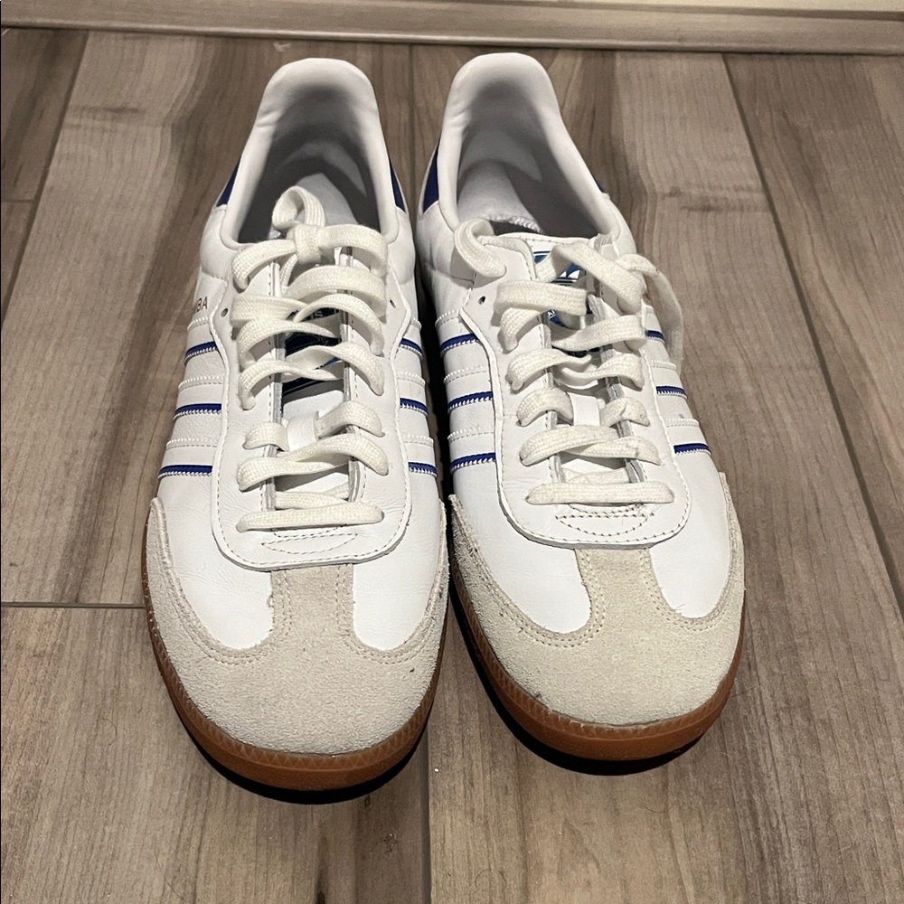 Adidas Men's White and Blue Sneakers with Brown Sole
